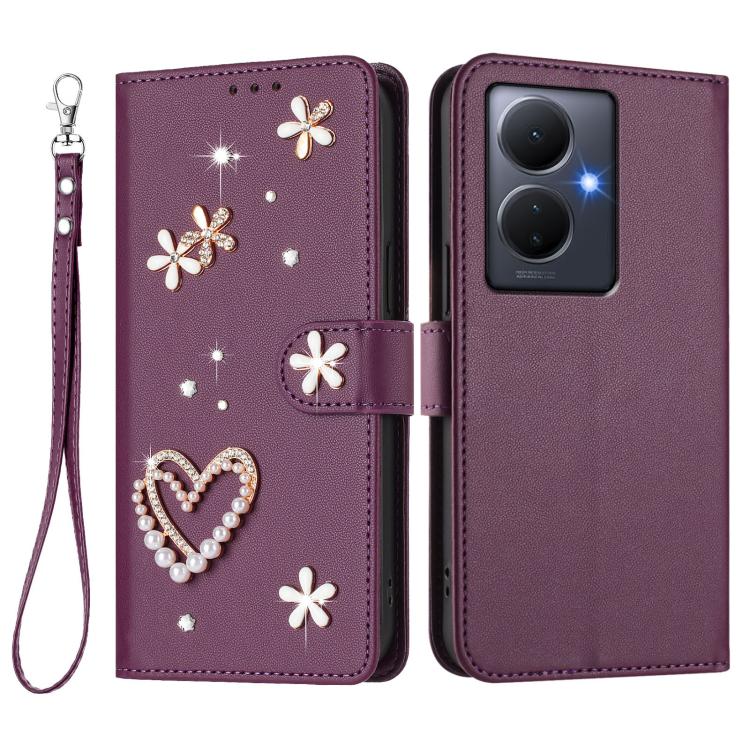 For vivo Y78+ 5G Global / Y78 5G Global ZS01 Double-Layer Heart Floral Vegan Leather Phone Case with Wrist Strap