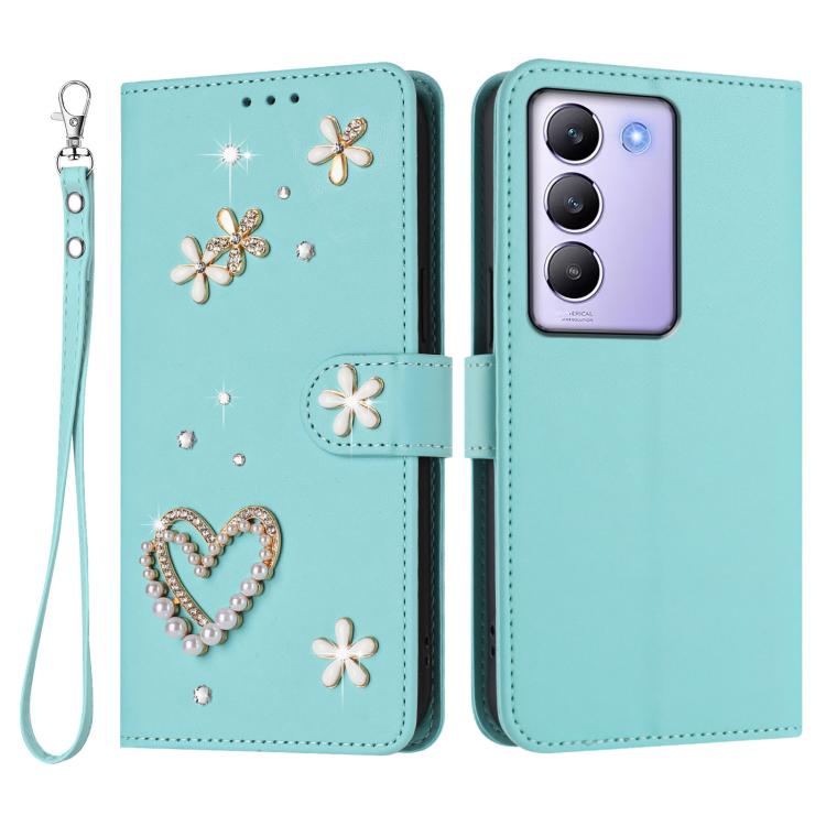 For vivo Y100 5G IDN / Y200e 5G Global ZS01 Double-Layer Heart Floral Vegan Leather Phone Case with Wrist Strap