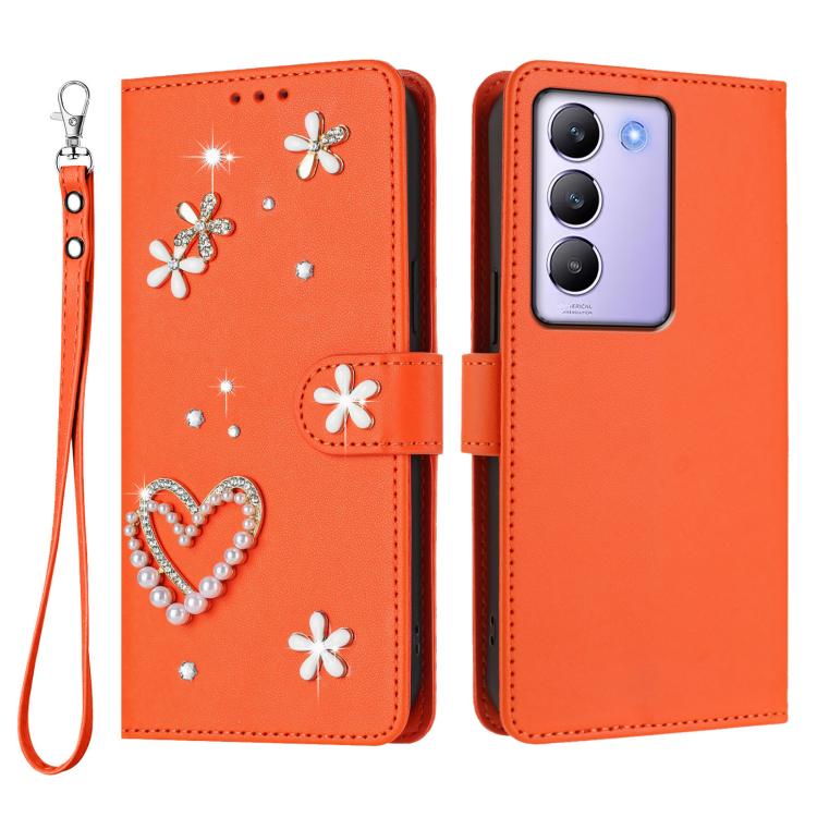 For vivo Y100 5G IDN / Y200e 5G Global ZS01 Double-Layer Heart Floral Vegan Leather Phone Case with Wrist Strap