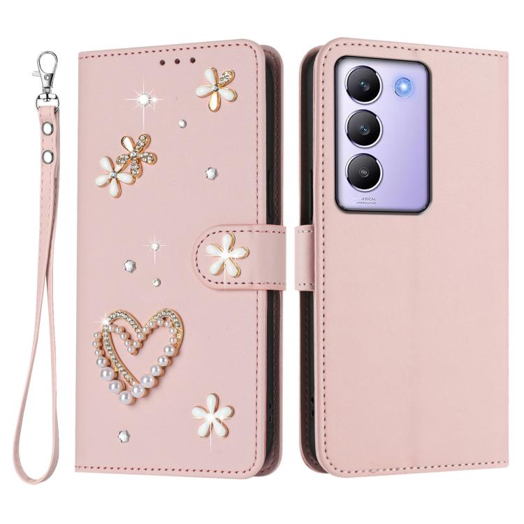 For vivo Y100 5G IDN / Y200e 5G Global ZS01 Double-Layer Heart Floral Vegan Leather Phone Case with Wrist Strap