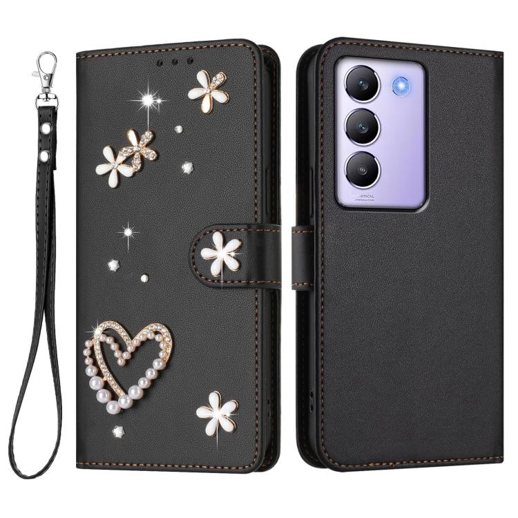 For vivo Y100 5G IDN / Y200e 5G Global ZS01 Double-Layer Heart Floral Vegan Leather Phone Case with Wrist Strap