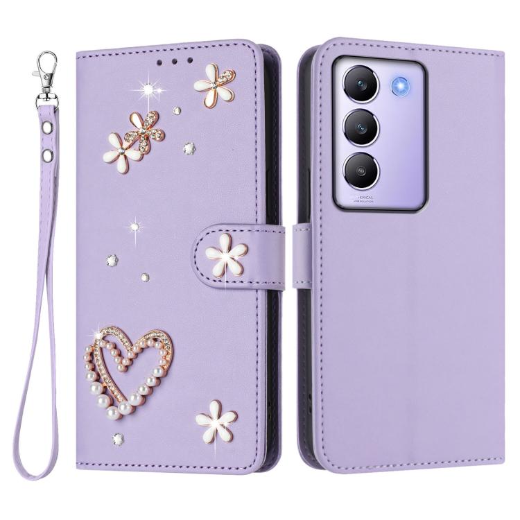 For vivo Y100 5G IDN / Y200e 5G Global ZS01 Double-Layer Heart Floral Vegan Leather Phone Case with Wrist Strap