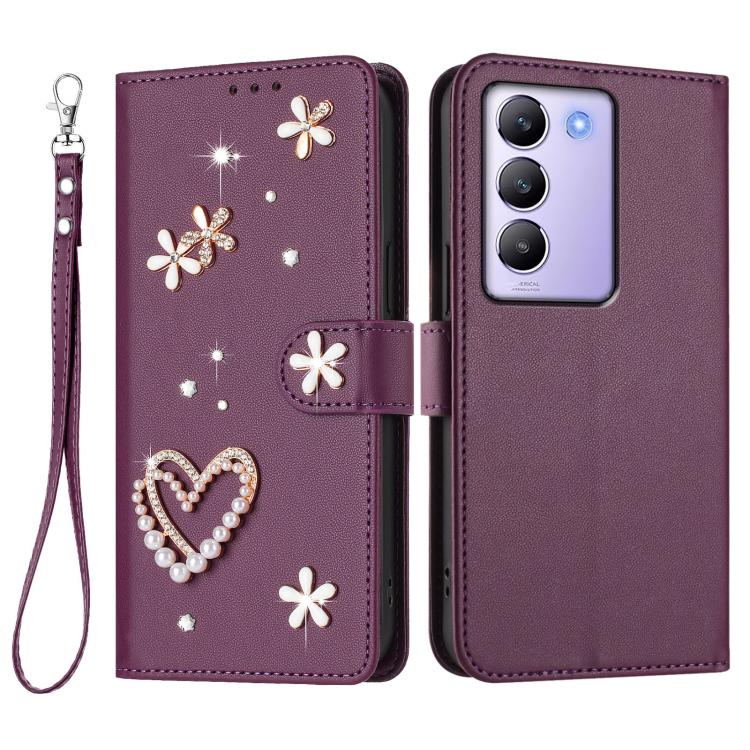For vivo Y100 5G IDN / Y200e 5G Global ZS01 Double-Layer Heart Floral Vegan Leather Phone Case with Wrist Strap