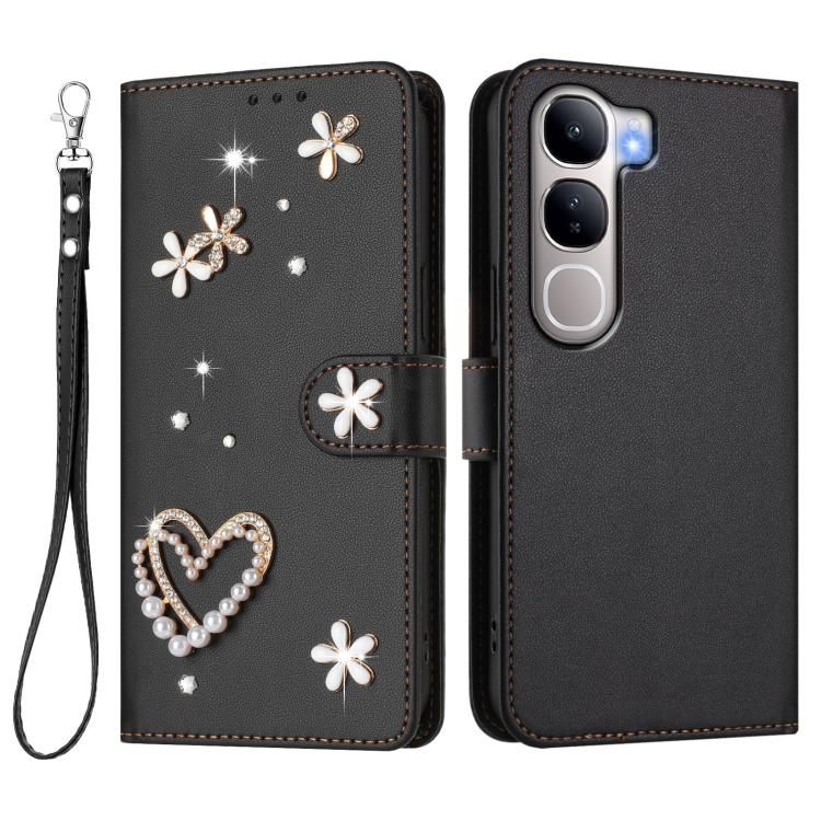 For vivo Y300 5G Global / V40 Lite 5G IDN ZS01 Double-Layer Heart Floral Vegan Leather Phone Case with Wrist Strap