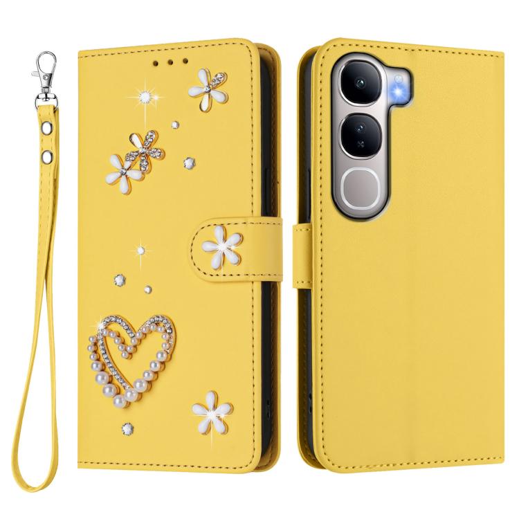 For vivo Y300 5G Global / V40 Lite 5G IDN ZS01 Double-Layer Heart Floral Vegan Leather Phone Case with Wrist Strap