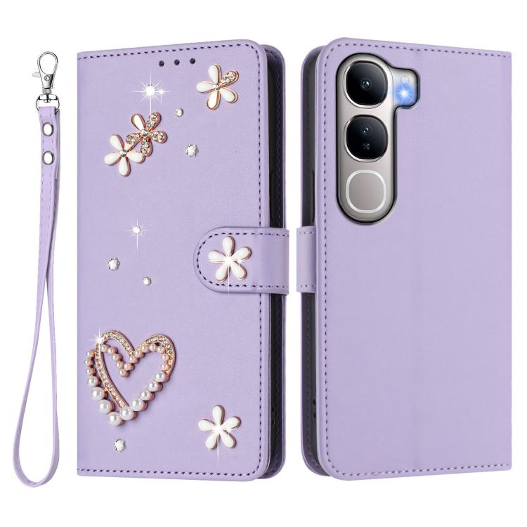 For vivo Y300 5G Global / V40 Lite 5G IDN ZS01 Double-Layer Heart Floral Vegan Leather Phone Case with Wrist Strap