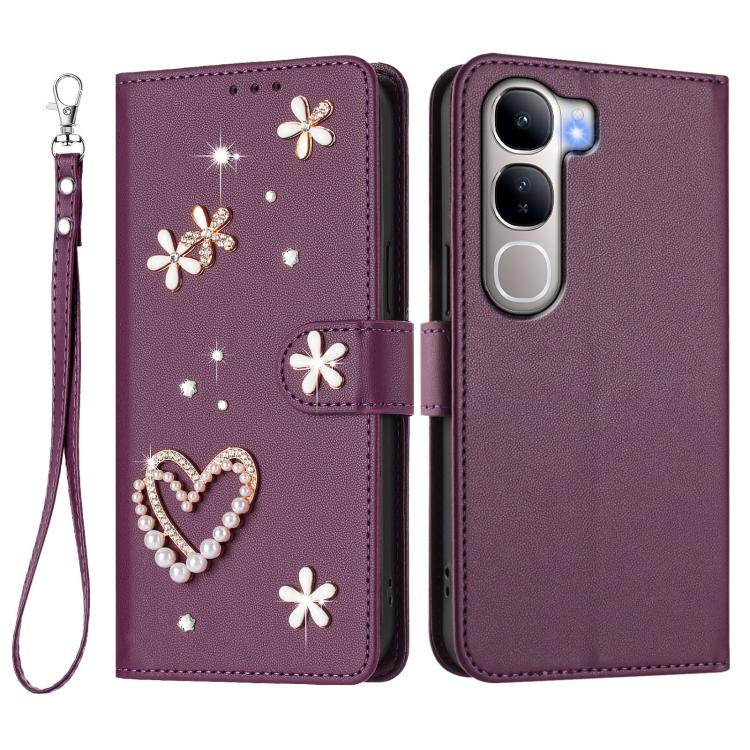 For vivo Y300 5G Global / V40 Lite 5G IDN ZS01 Double-Layer Heart Floral Vegan Leather Phone Case with Wrist Strap