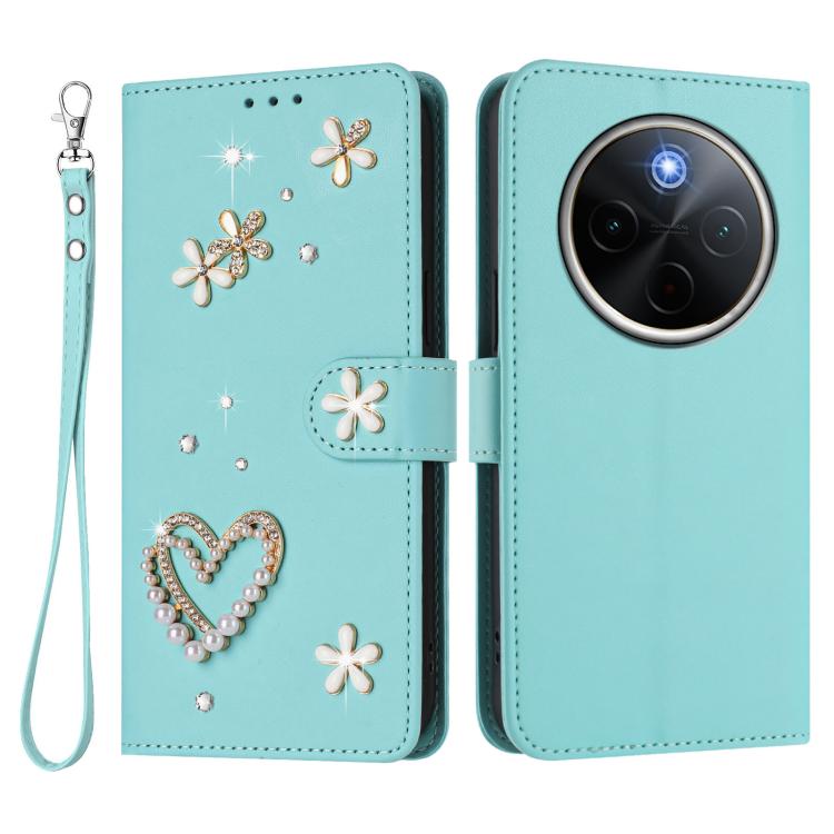 For vivo Y300 Pro+ 5G / T4 5G / iQOO Z10 5G ZS01 Double-Layer Heart Floral Vegan Leather Phone Case with Wrist Strap