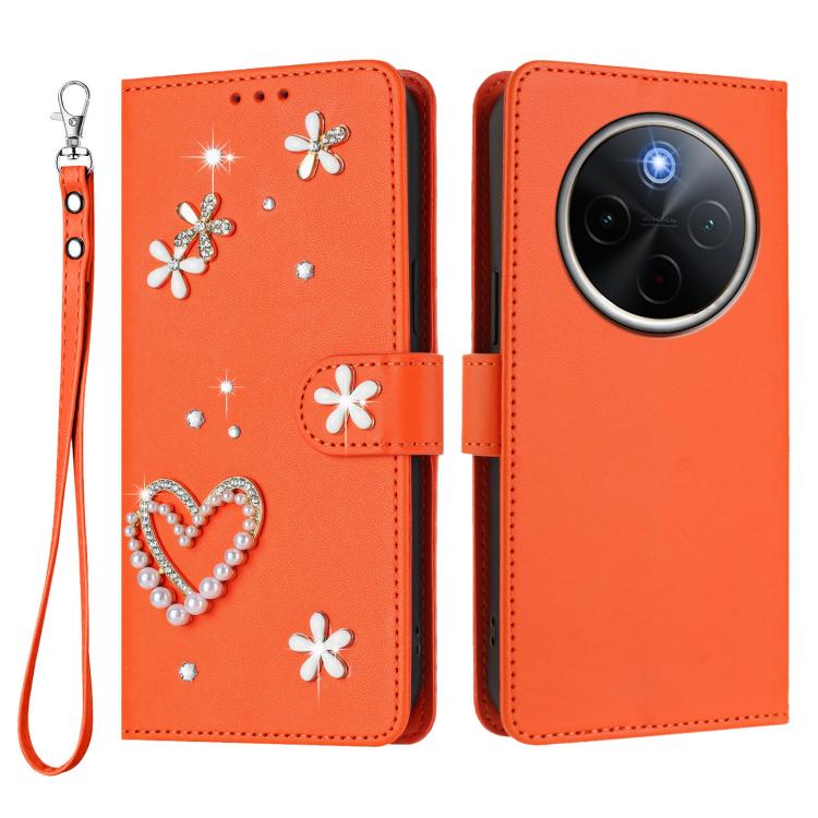 For vivo Y300 Pro+ 5G / T4 5G / iQOO Z10 5G ZS01 Double-Layer Heart Floral Vegan Leather Phone Case with Wrist Strap