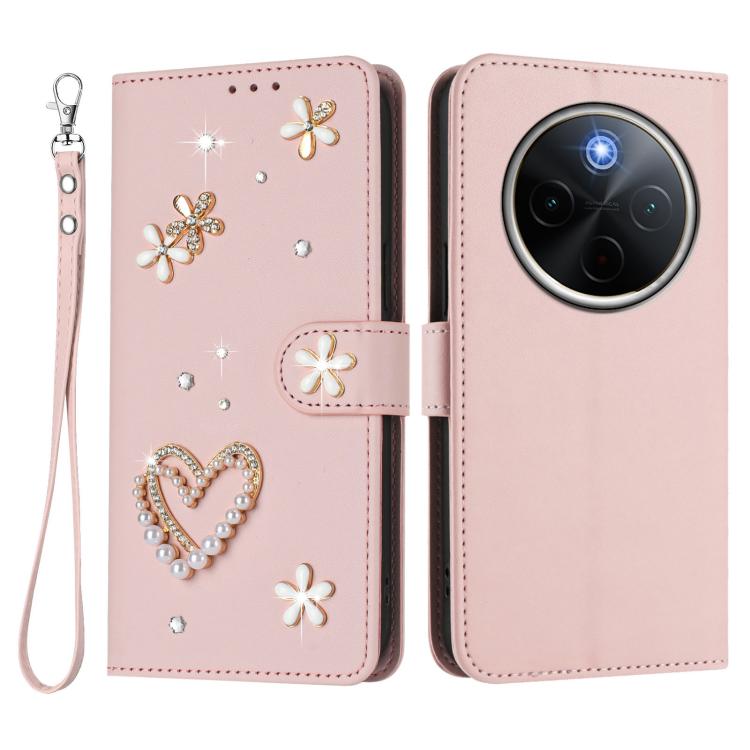 For vivo Y300 Pro+ 5G / T4 5G / iQOO Z10 5G ZS01 Double-Layer Heart Floral Vegan Leather Phone Case with Wrist Strap