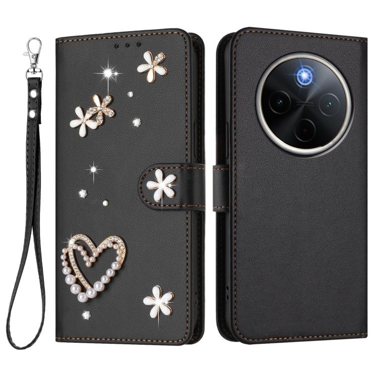 For vivo Y300 Pro+ 5G / T4 5G / iQOO Z10 5G ZS01 Double-Layer Heart Floral Vegan Leather Phone Case with Wrist Strap
