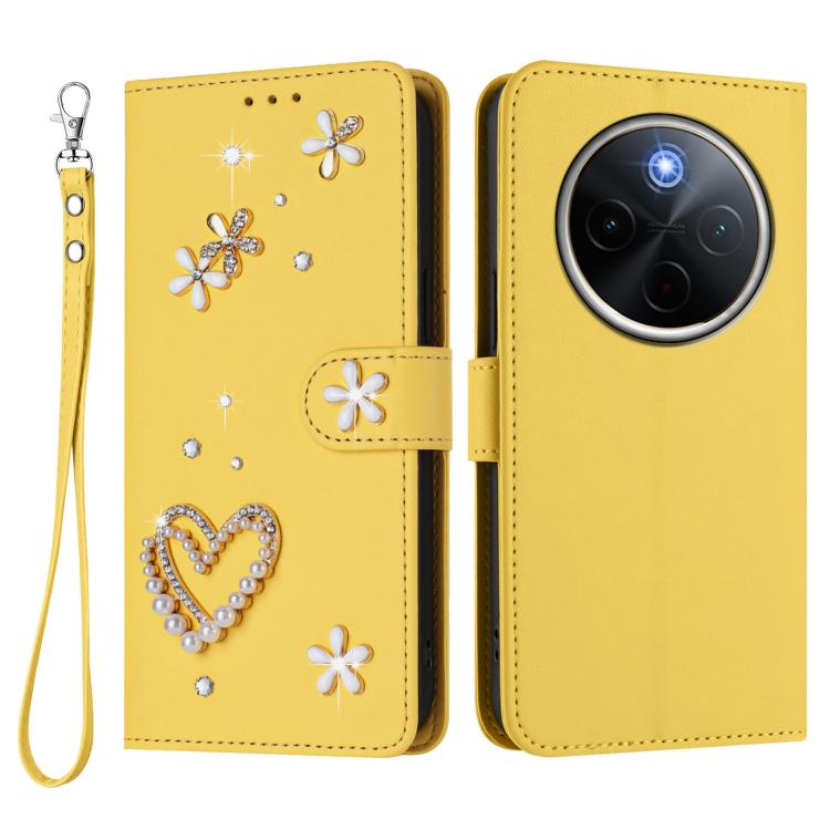 For vivo Y300 Pro+ 5G / T4 5G / iQOO Z10 5G ZS01 Double-Layer Heart Floral Vegan Leather Phone Case with Wrist Strap