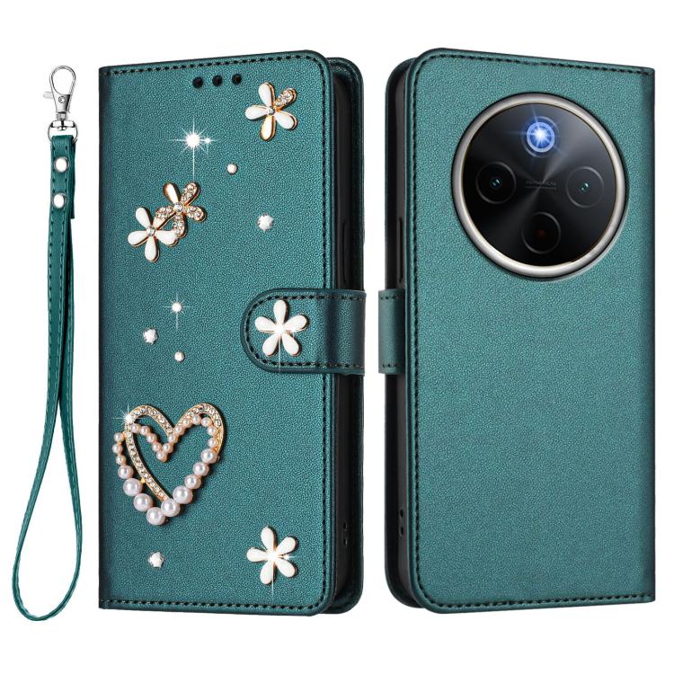 For vivo Y300 Pro+ 5G / T4 5G / iQOO Z10 5G ZS01 Double-Layer Heart Floral Vegan Leather Phone Case with Wrist Strap