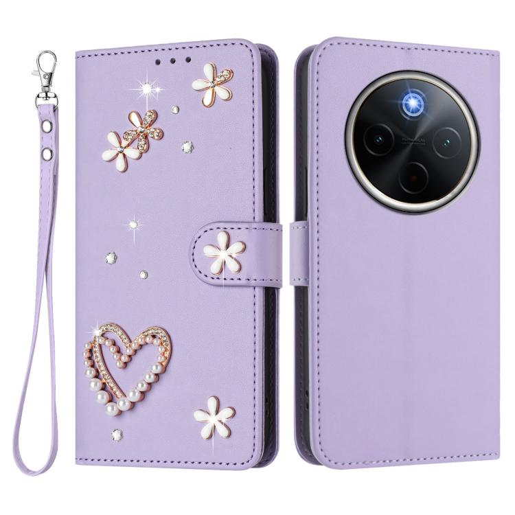 For vivo Y300 Pro+ 5G / T4 5G / iQOO Z10 5G ZS01 Double-Layer Heart Floral Vegan Leather Phone Case with Wrist Strap