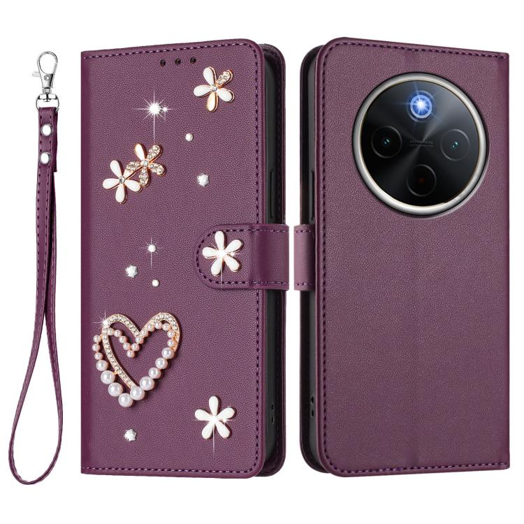For vivo Y300 Pro+ 5G / T4 5G / iQOO Z10 5G ZS01 Double-Layer Heart Floral Vegan Leather Phone Case with Wrist Strap