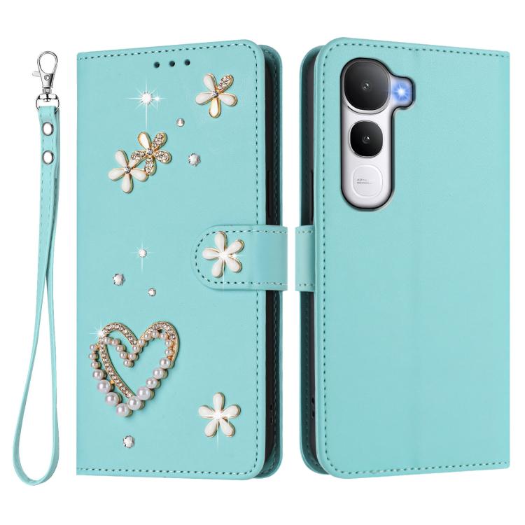 For vivo Y400 5G Global / Y400 4G ZS01 Double-Layer Heart Floral Vegan Leather Phone Case with Wrist Strap