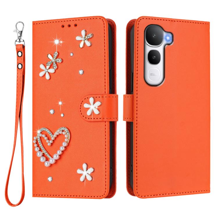 For vivo Y400 5G Global / Y400 4G ZS01 Double-Layer Heart Floral Vegan Leather Phone Case with Wrist Strap