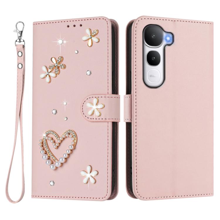 For vivo Y400 5G Global / Y400 4G ZS01 Double-Layer Heart Floral Vegan Leather Phone Case with Wrist Strap