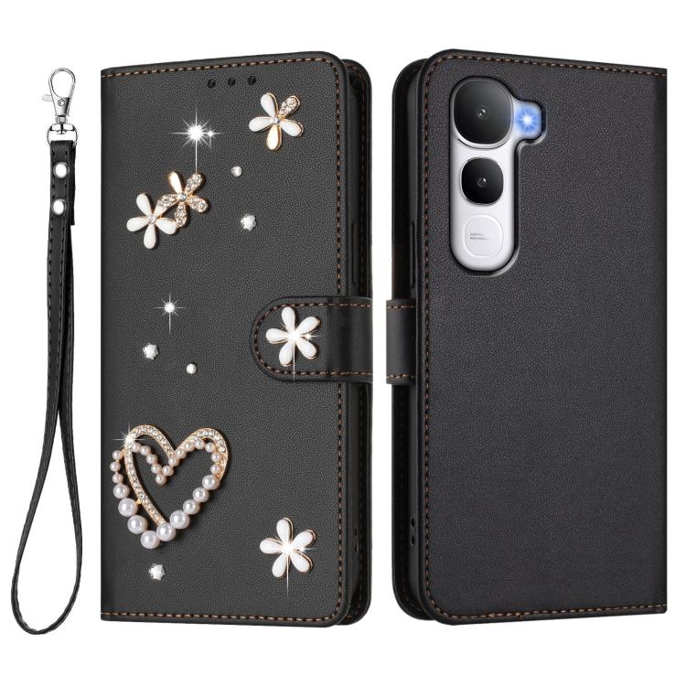 For vivo Y400 5G Global / Y400 4G ZS01 Double-Layer Heart Floral Vegan Leather Phone Case with Wrist Strap