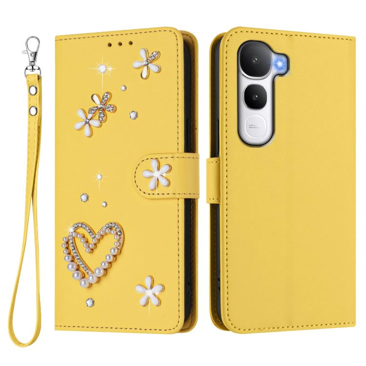 For vivo Y400 5G Global / Y400 4G ZS01 Double-Layer Heart Floral Vegan Leather Phone Case with Wrist Strap