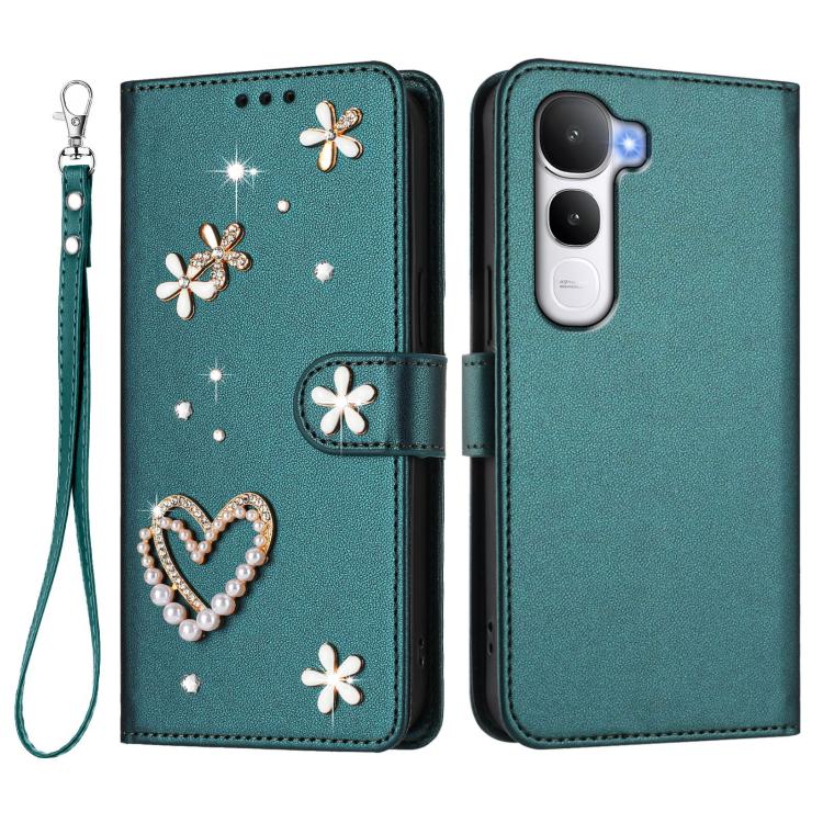 For vivo Y400 5G Global / Y400 4G ZS01 Double-Layer Heart Floral Vegan Leather Phone Case with Wrist Strap