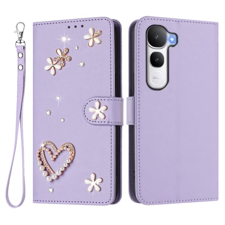For vivo Y400 5G Global / Y400 4G ZS01 Double-Layer Heart Floral Vegan Leather Phone Case with Wrist Strap