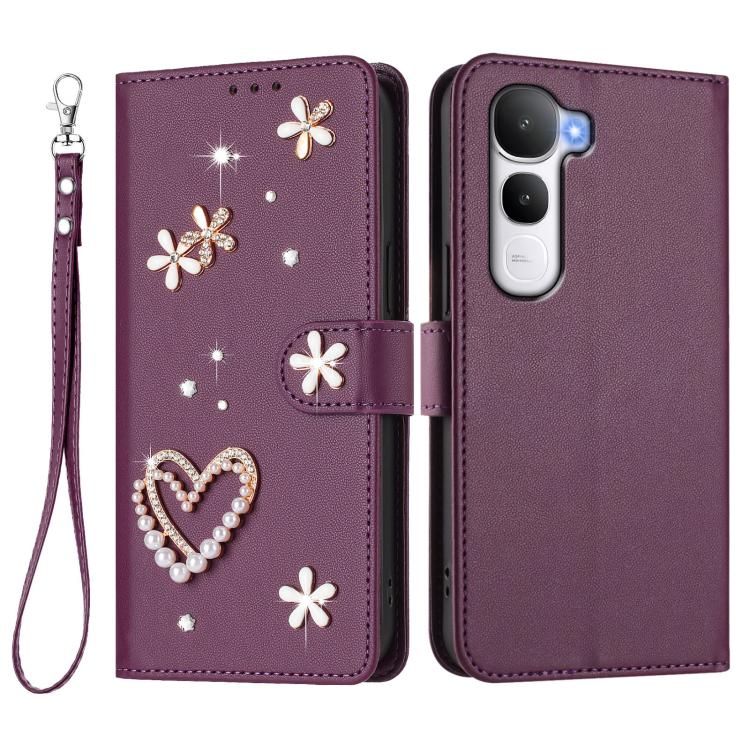 For vivo Y400 5G Global / Y400 4G ZS01 Double-Layer Heart Floral Vegan Leather Phone Case with Wrist Strap