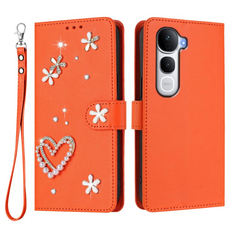 For vivo Y400 Pro 5G ZS01 Double-Layer Heart Floral Vegan Leather Phone Case with Wrist Strap