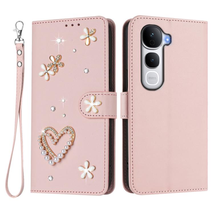 For vivo Y400 Pro 5G ZS01 Double-Layer Heart Floral Vegan Leather Phone Case with Wrist Strap
