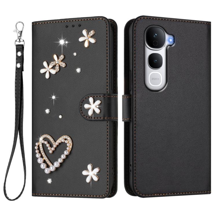 For vivo Y400 Pro 5G ZS01 Double-Layer Heart Floral Vegan Leather Phone Case with Wrist Strap