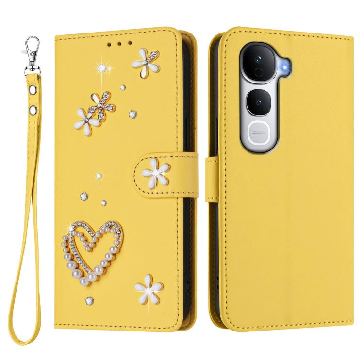 For vivo Y400 Pro 5G ZS01 Double-Layer Heart Floral Vegan Leather Phone Case with Wrist Strap