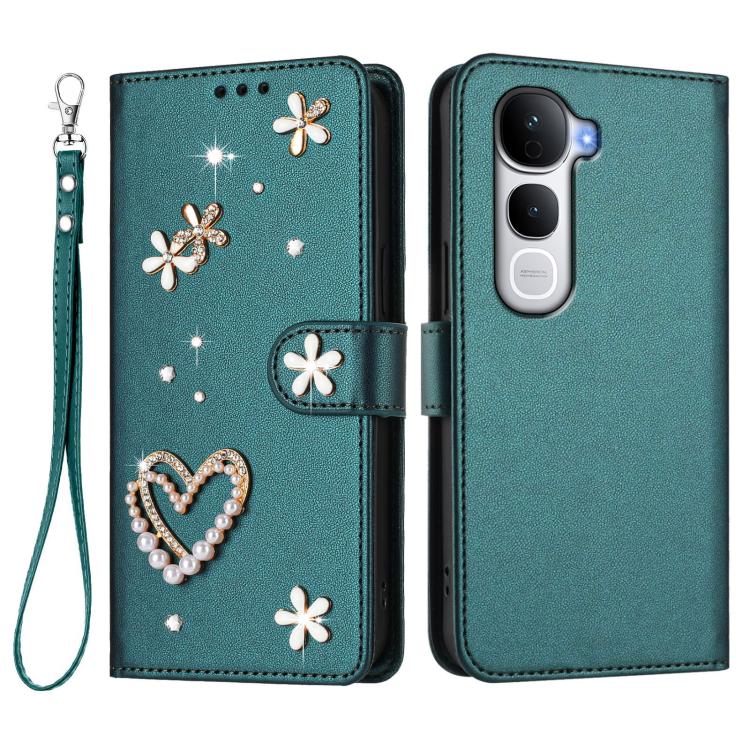 For vivo Y400 Pro 5G ZS01 Double-Layer Heart Floral Vegan Leather Phone Case with Wrist Strap