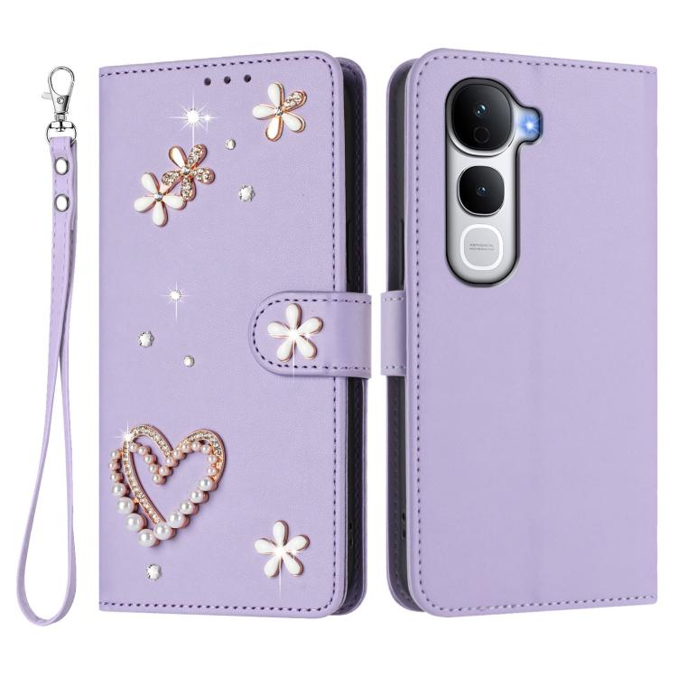 For vivo Y400 Pro 5G ZS01 Double-Layer Heart Floral Vegan Leather Phone Case with Wrist Strap