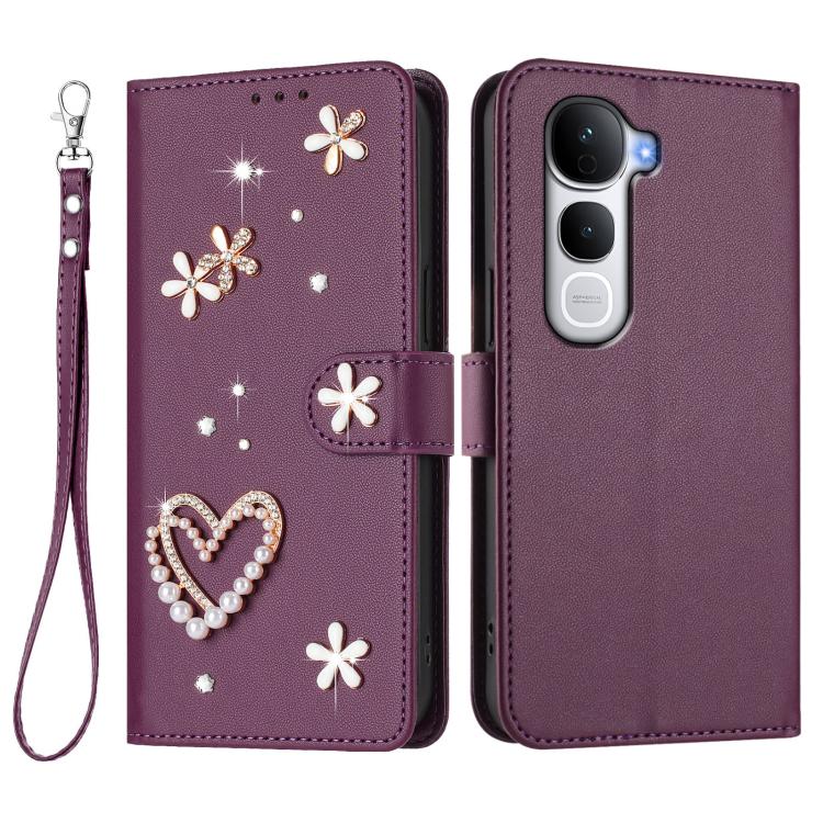 For vivo Y400 Pro 5G ZS01 Double-Layer Heart Floral Vegan Leather Phone Case with Wrist Strap