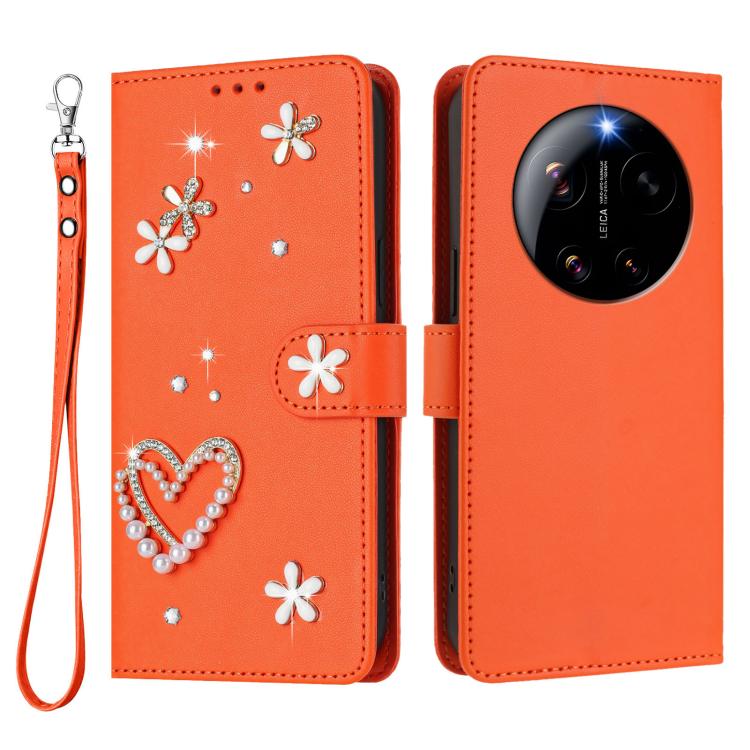 For Xiaomi 17 Ultra 5G ZS01 Double-Layer Heart Floral Vegan Leather Phone Case with Wrist Strap