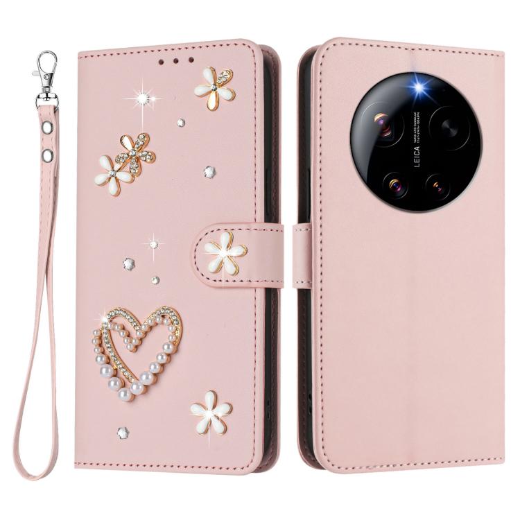 For Xiaomi 17 Ultra 5G ZS01 Double-Layer Heart Floral Vegan Leather Phone Case with Wrist Strap
