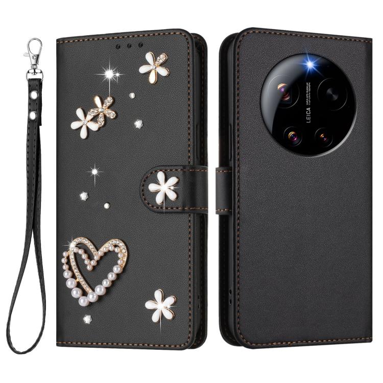 For Xiaomi 17 Ultra 5G ZS01 Double-Layer Heart Floral Vegan Leather Phone Case with Wrist Strap