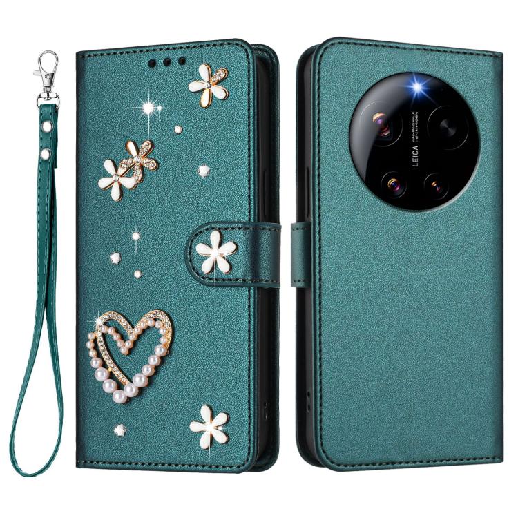 For Xiaomi 17 Ultra 5G ZS01 Double-Layer Heart Floral Vegan Leather Phone Case with Wrist Strap