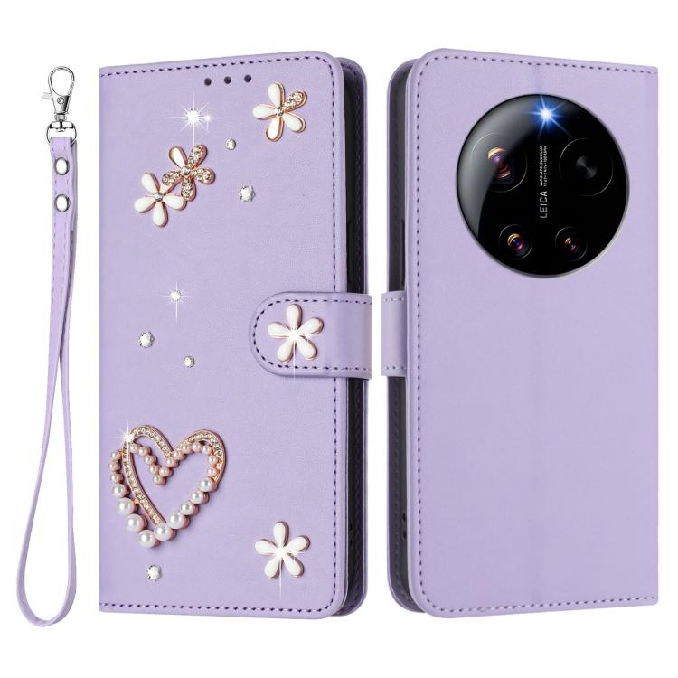 For Xiaomi 17 Ultra 5G ZS01 Double-Layer Heart Floral Vegan Leather Phone Case with Wrist Strap