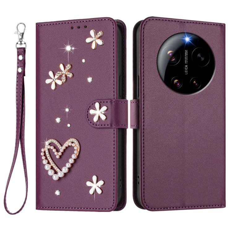 For Xiaomi 17 Ultra 5G ZS01 Double-Layer Heart Floral Vegan Leather Phone Case with Wrist Strap