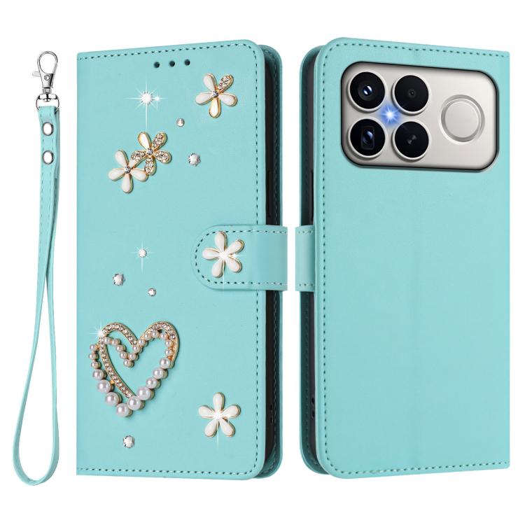 For Xiaomi Poco F8 Ultra / Redmi K90 Pro Max ZS01 Double-Layer Heart Floral Vegan Leather Phone Case with Wrist Strap