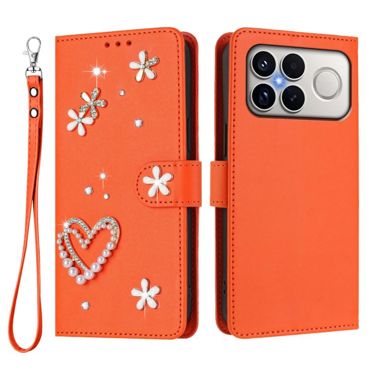 For Xiaomi Poco F8 Ultra / Redmi K90 Pro Max ZS01 Double-Layer Heart Floral Vegan Leather Phone Case with Wrist Strap