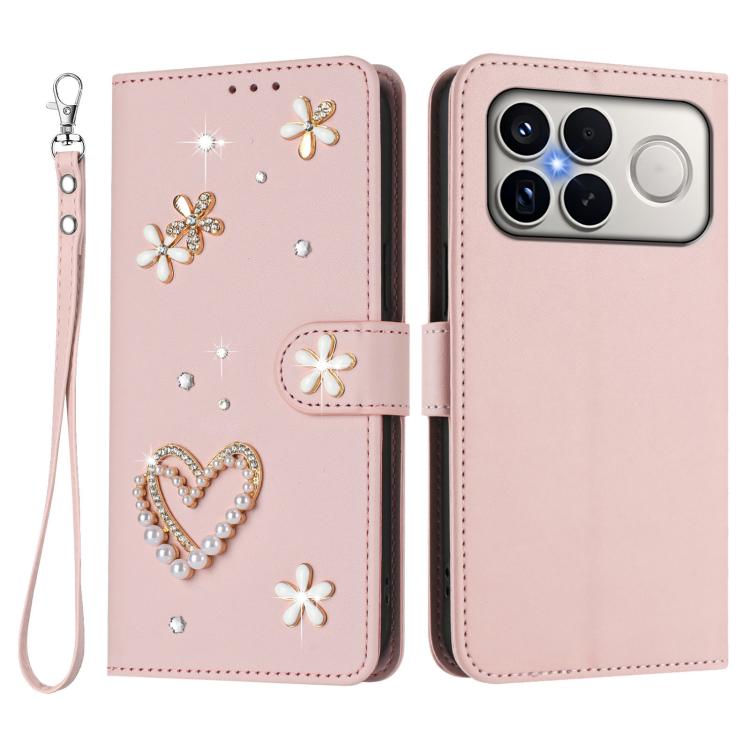 For Xiaomi Poco F8 Ultra / Redmi K90 Pro Max ZS01 Double-Layer Heart Floral Vegan Leather Phone Case with Wrist Strap