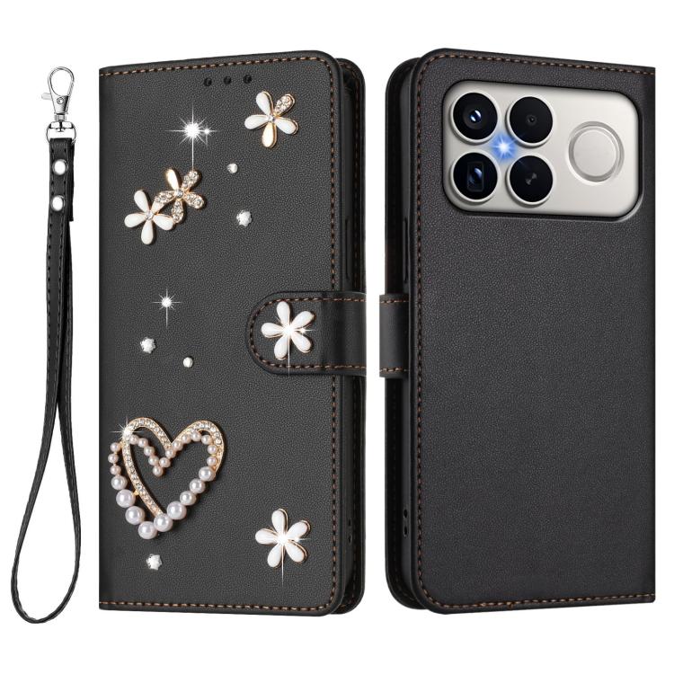 For Xiaomi Poco F8 Ultra / Redmi K90 Pro Max ZS01 Double-Layer Heart Floral Vegan Leather Phone Case with Wrist Strap