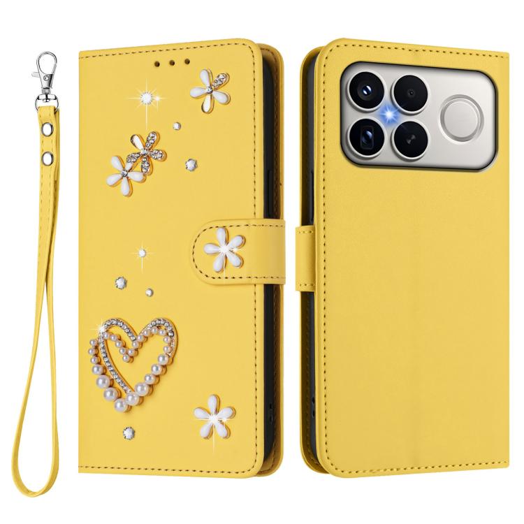 For Xiaomi Poco F8 Ultra / Redmi K90 Pro Max ZS01 Double-Layer Heart Floral Vegan Leather Phone Case with Wrist Strap
