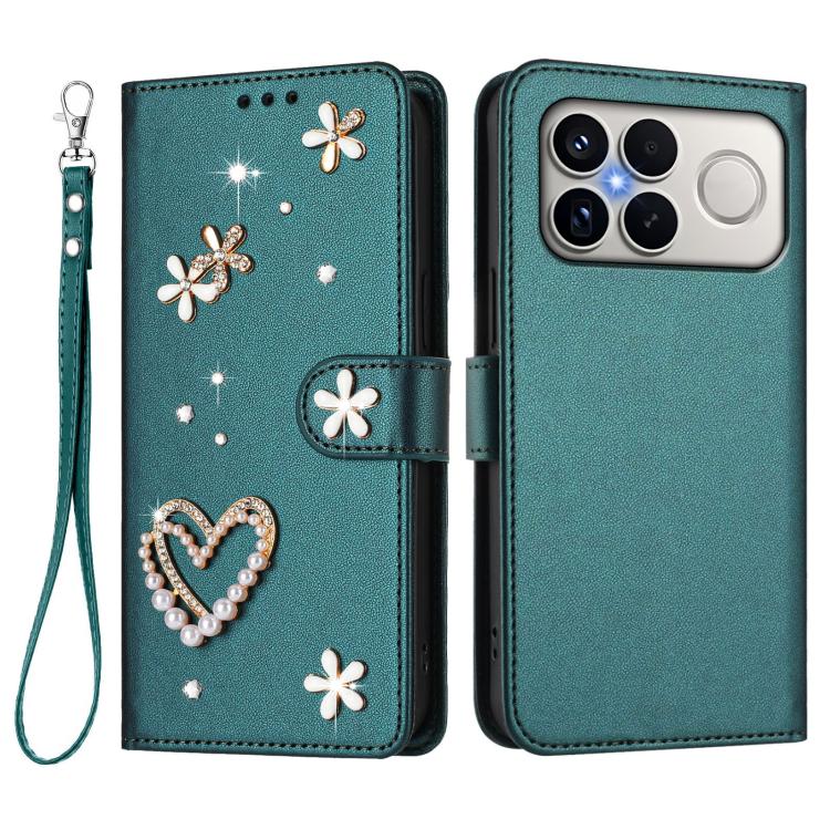 For Xiaomi Poco F8 Ultra / Redmi K90 Pro Max ZS01 Double-Layer Heart Floral Vegan Leather Phone Case with Wrist Strap