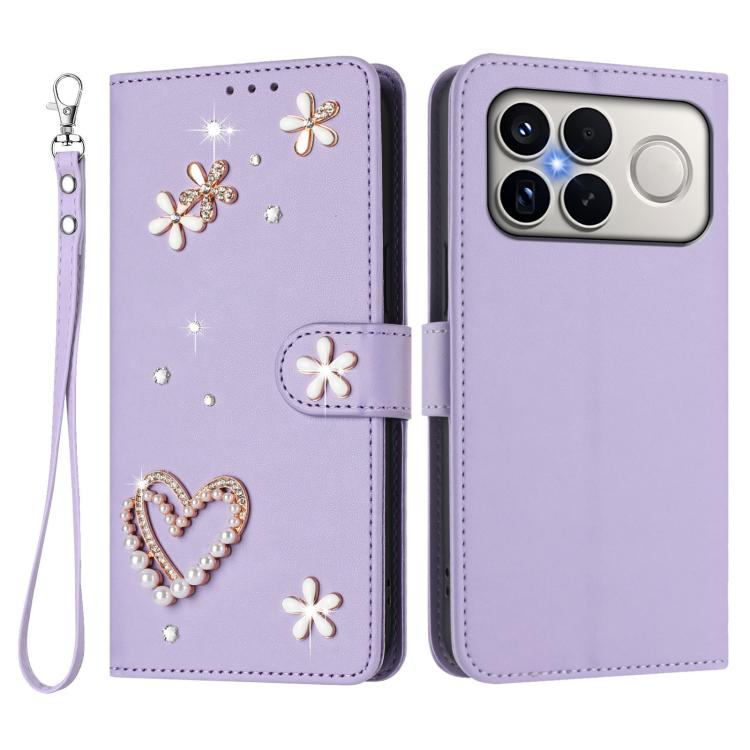 For Xiaomi Poco F8 Ultra / Redmi K90 Pro Max ZS01 Double-Layer Heart Floral Vegan Leather Phone Case with Wrist Strap
