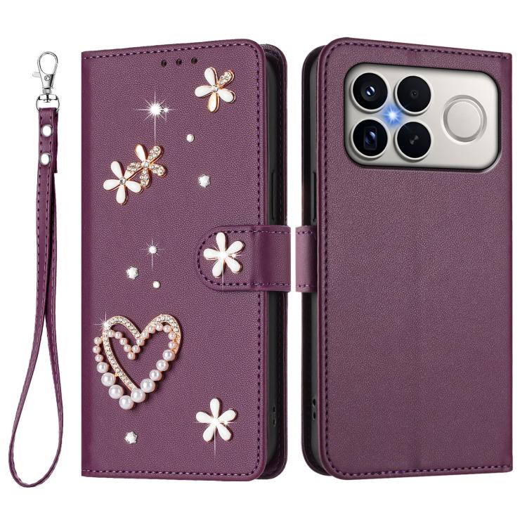 For Xiaomi Poco F8 Ultra / Redmi K90 Pro Max ZS01 Double-Layer Heart Floral Vegan Leather Phone Case with Wrist Strap