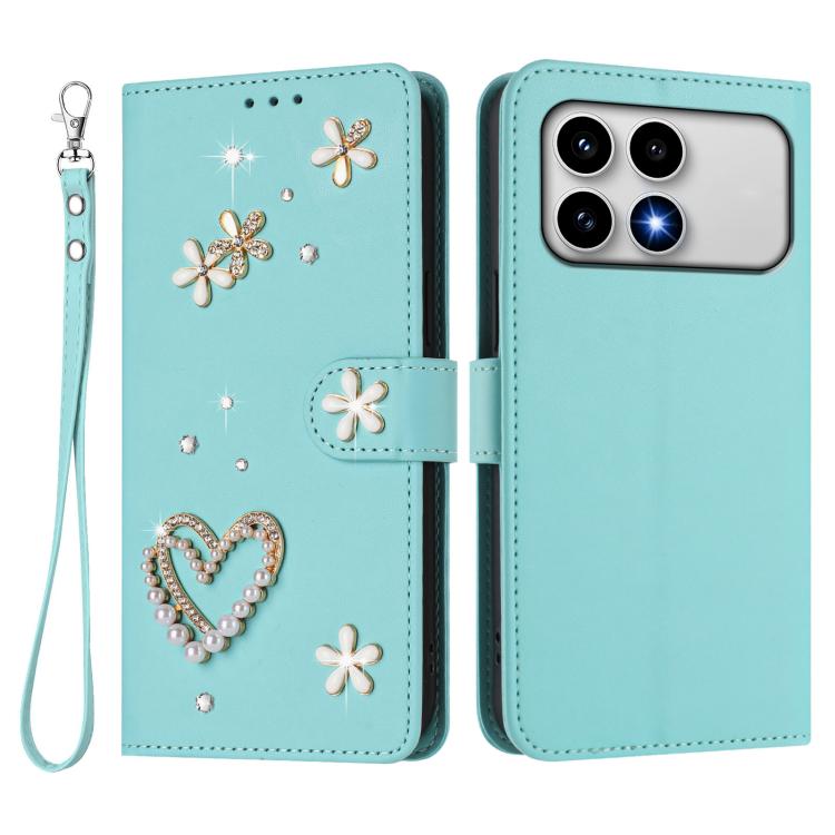 For Xiaomi Poco F8 Pro 5G / Redmi K90 ZS01 Double-Layer Heart Floral Vegan Leather Phone Case with Wrist Strap