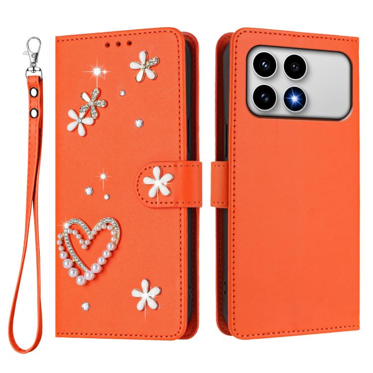 For Xiaomi Poco F8 Pro 5G / Redmi K90 ZS01 Double-Layer Heart Floral Vegan Leather Phone Case with Wrist Strap